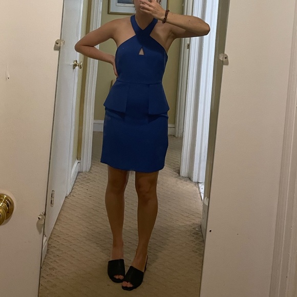 BCBGMaxAzria Crisscross Halter Peplum Dress in "Blueberry", Size 0 - Picture 5 of 16